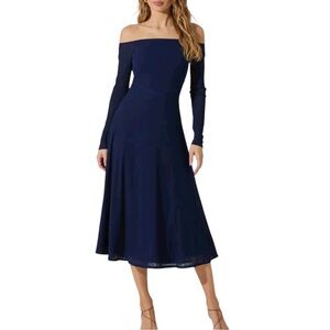 ASTR the Label Off the Shoulder Long Sleeve Knit Dress Navy Size M Romantic Chic